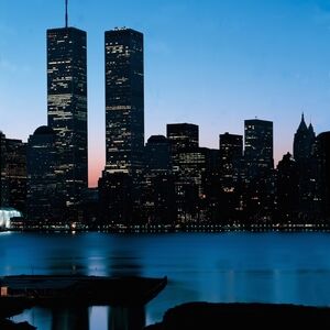 City Skyline at Dusk Wall Art New York Twin Towers